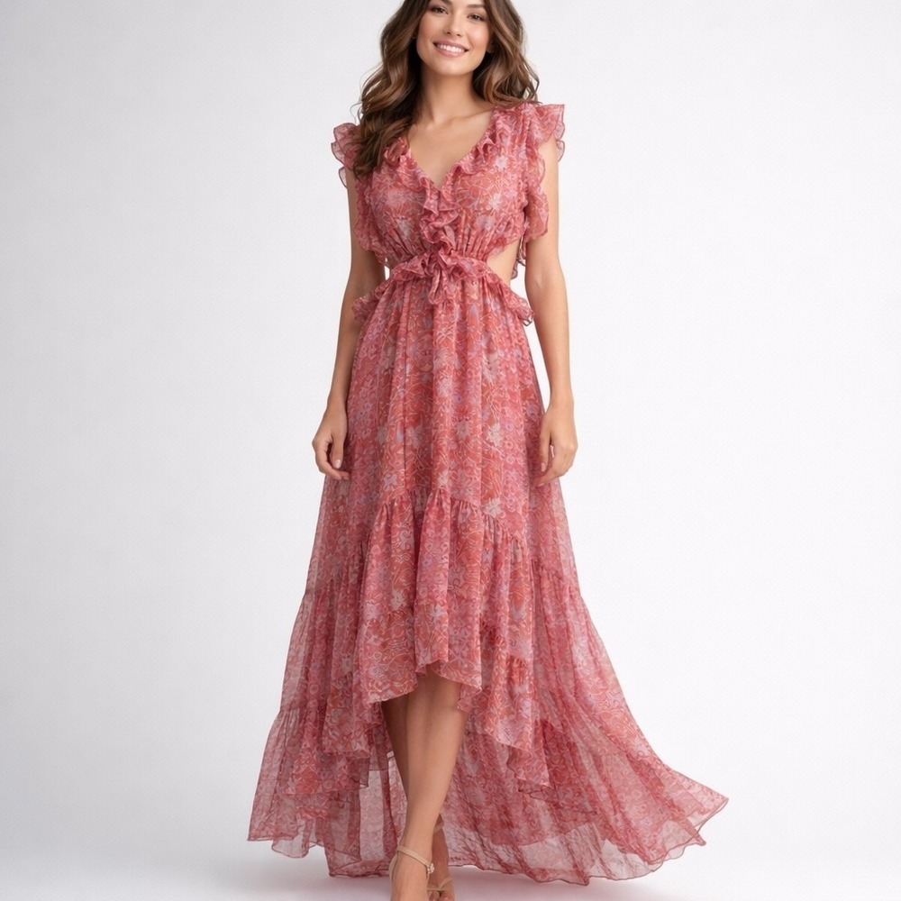 Misa Dress Womens M Pink Paisley Maxi Sundress Sleeveless Ruffle Chiffon Cutouts